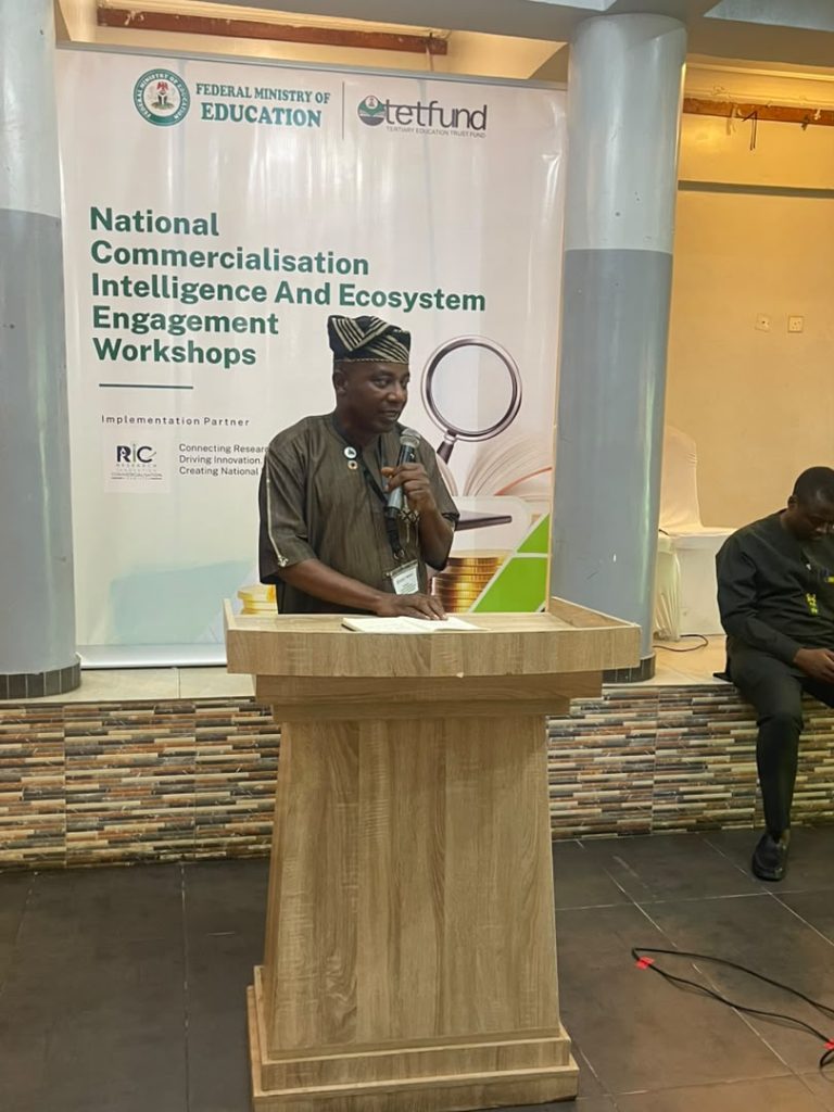 Rafiu Akinpelu Olaore delivering a policy intervention at the Federal Ministry of Education and TETFund National Commercialisation Intelligence and Ecosystem Engagement Workshop in Lagos, Nigeria.