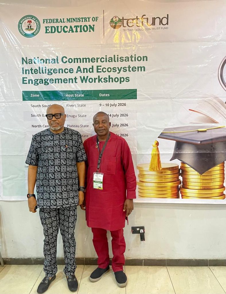 Rafiu Akinpelu Olaore and Prof. T. F. Okujagu at the Federal Ministry of Education and TETFund National Commercialisation Intelligence and Ecosystem Engagement Workshop, Lagos, July 2026.