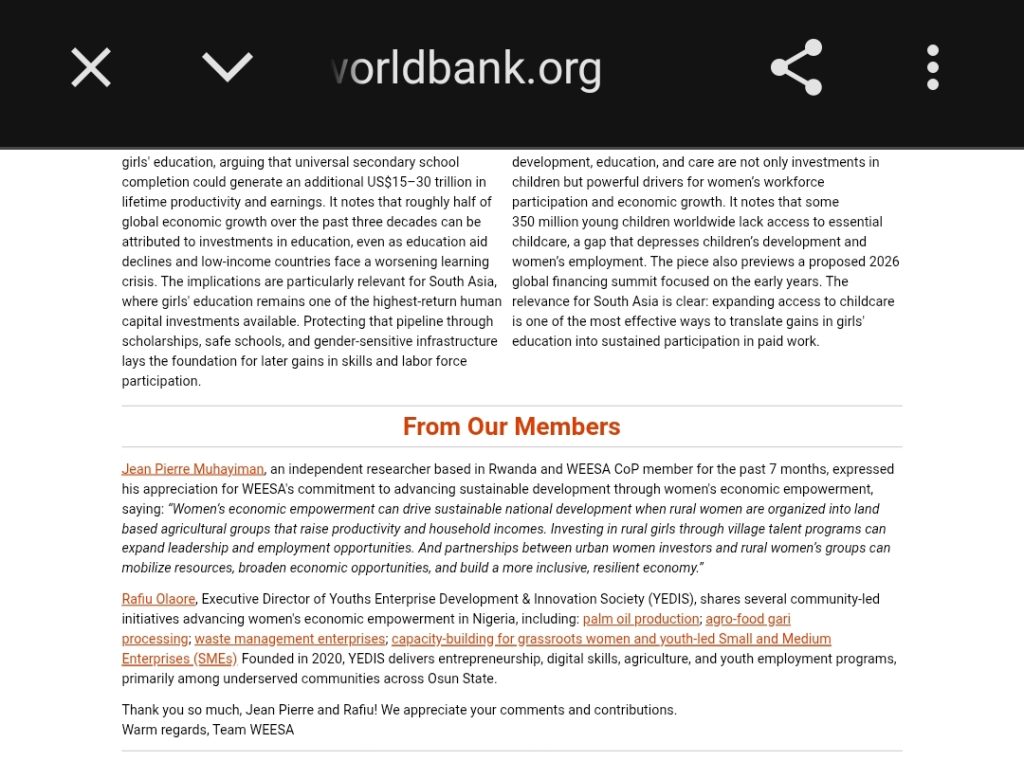 Screenshot of the World Bank WEESA July 2026 Monthly Digest showing YEDIS featured in the "From Our Members" section.